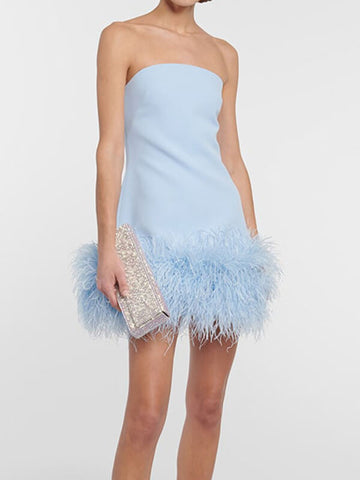 Woochic mini-robe moulante bustier plume mode cocktail Bleu S